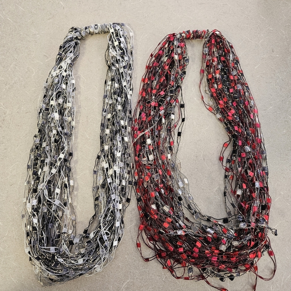 Multi-Strand Beaded Scarf Necklace - Set of 2 Black & Red